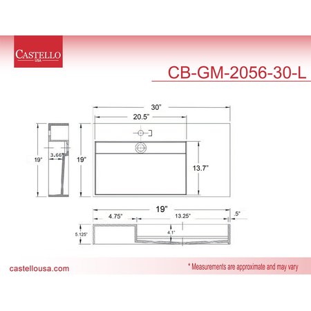 Castello Usa Juniper 30” Left Basin Solid Surface Wall-Mounted Bathroom Sink in White CB-GM-2056-30-L